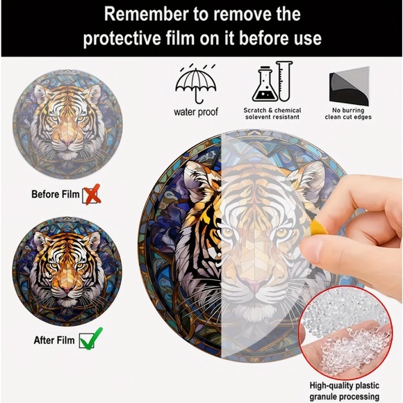 Suncatcher, Tiger head, acrylic. NIP. Hang cord. Protective film cover. 6” diam - Picture 5 of 7